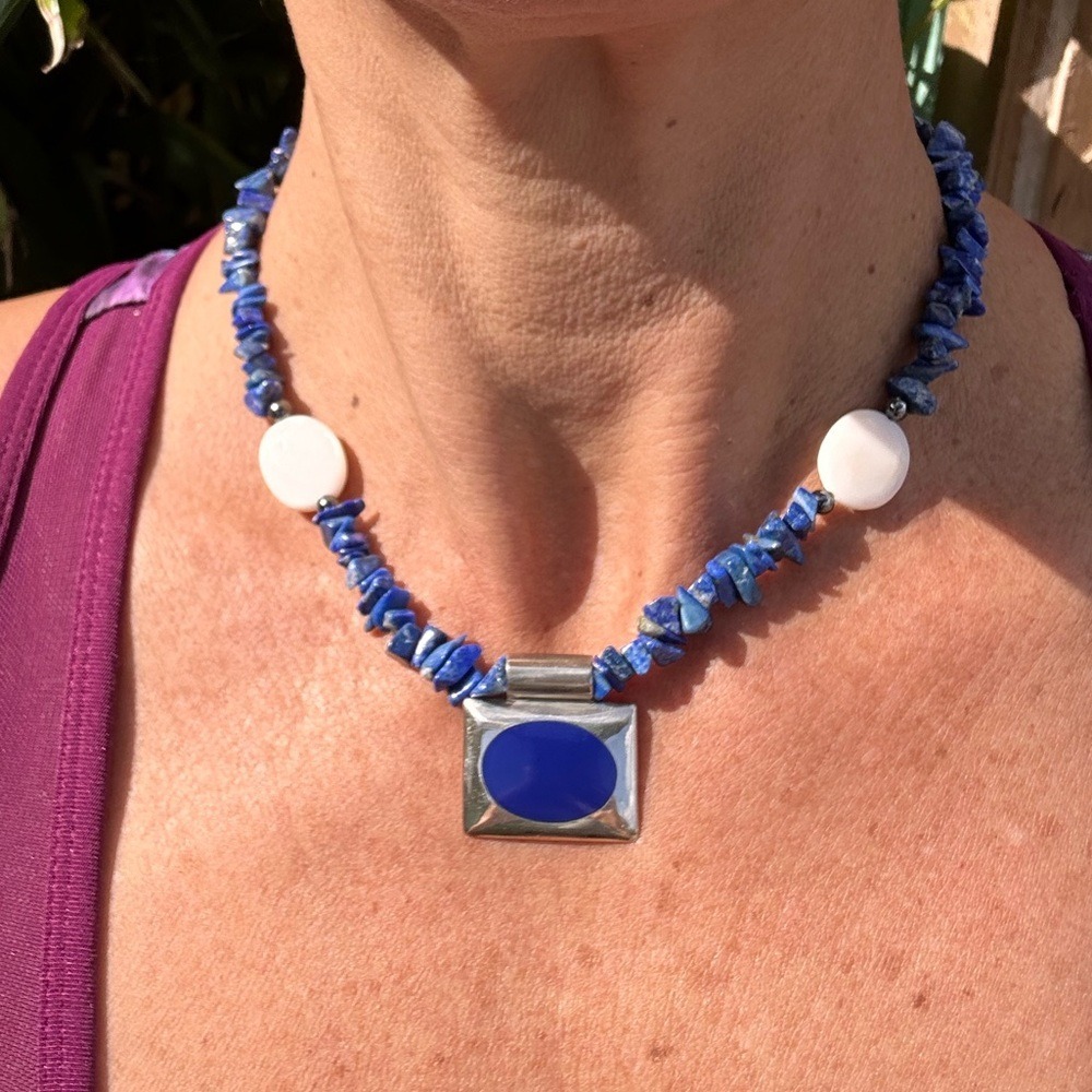 Vintage Lapis chips Sterling Silver pendant mother of Pearl Hematite necklace